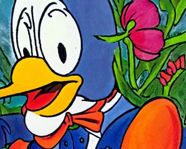 Prompt: Donald Duck painting a flower