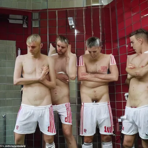 Prompt: bayern munchen football players in the shower after a big defeat, looking devastated