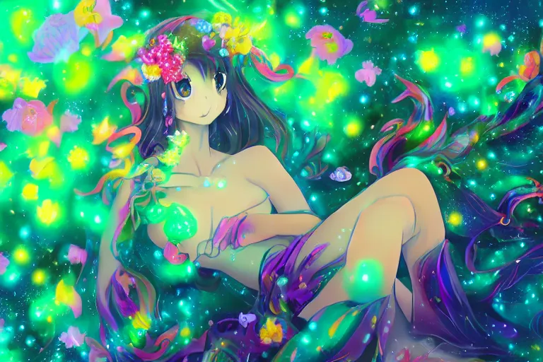 Image similar to psychedelic, whimsical, anime, 4k, beautiful seductive woman with fox ears smoking weed, with professional makeup, long trippy hair, a crystal and flower dress, sitting on a reflective pool, surrounded by gems, underneath the stars, rainbow fireflies, trending on patreon, deviantart, twitter, artstation, volumetric lighting, heavy contrast, art style of Greg Rutkowski and viktoria gavrilenko and Ross Tran