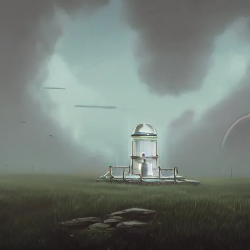 Image similar to beautiful painting of a white observatory in the cloudy dreams of a mainframe in the style of Simon Stålenhag and H. R. Giger, detailed, trending on Artstation