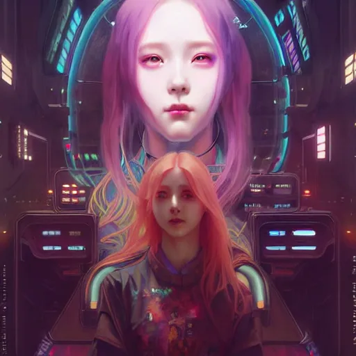 Image similar to painting of cyberpunk chuu loona kpop smiling cheerfully, ultra realistic, concept art, intricate details, eerie, highly detailed, photorealistic, octane render, 8 k, unreal engine. art by artgerm and greg rutkowski and magali villeneuve and alphonse mucha