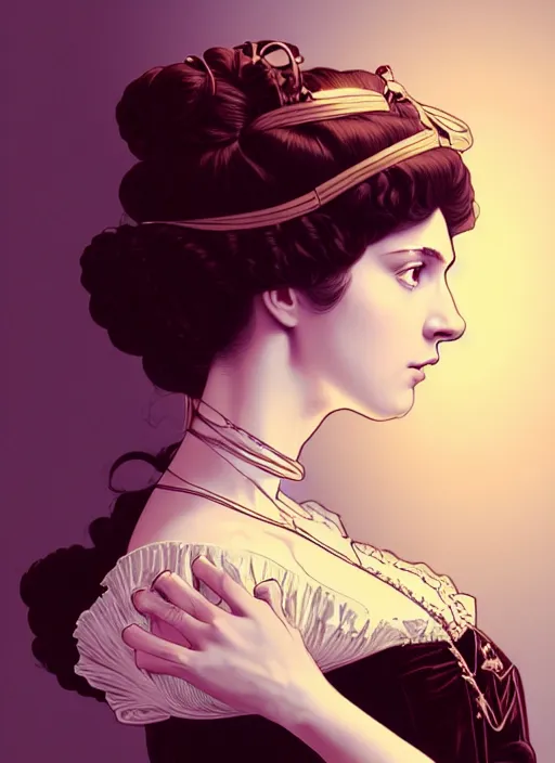 Prompt: 3 / 4 view of a portrait of woman in victorian clothing, confident pose, intricate, elegant, sharp focus, illustration, highly detailed, concept art, matte, trending on artstation, anime, art by james jean and artgerm and brian despain and alberto mielgo, ilya kuvshinov, dramatic lighting, gothic, haunted, art nouveau