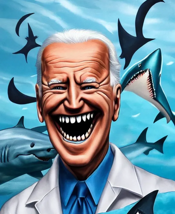 Image similar to joe biden nightmare fuel, shark man, shark costume, shark fin, sharp teeth, big smile, blue skin, ( ( claymation ) ), iridescent accents, by simon stalenberg by and artgerm