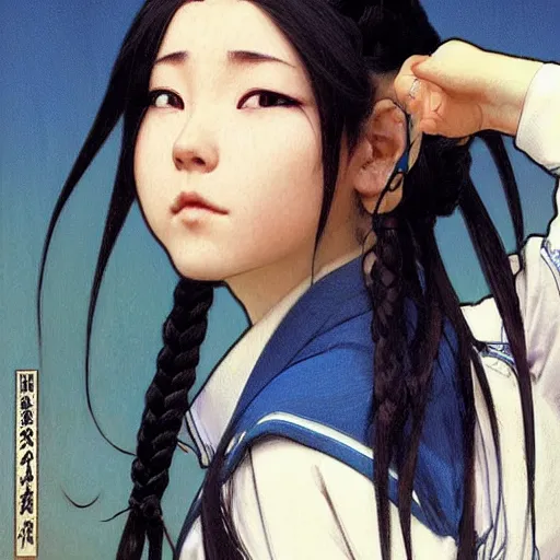 Prompt: tenko chabashira!!!!!!, a japanese girl with long black hair in loose braids and a blue seifuku, portrait by artgerm, greg rutkowski and alphonse mucha, absolutely gorgeous, aikido, very dynamic action shot, athletic