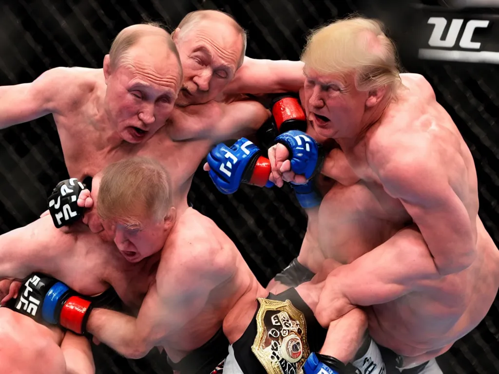 Prompt: a perfect color action photograph of donald trump and vladimir putin fighting in the ufc. guillotine choke. strong lighting. lots of sweat and haematomas.
