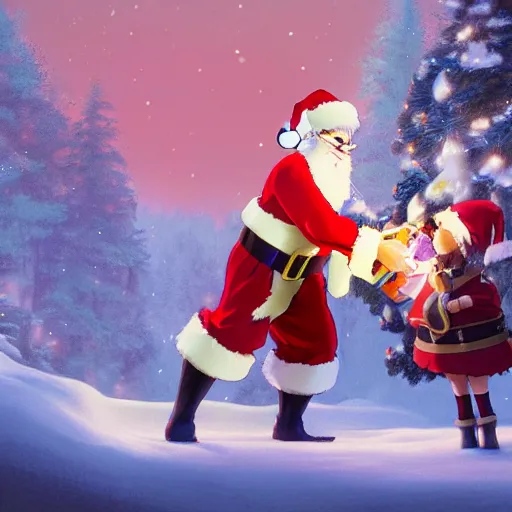 Prompt: a wholesome animation key shot of santa claus giving presents, medium shot, studio ghibli, pixar and disney animation, sharp, very detailed, high resolution, rendered in unreal engine 5, anime key art by greg rutkowski, bloom, dramatic lighting