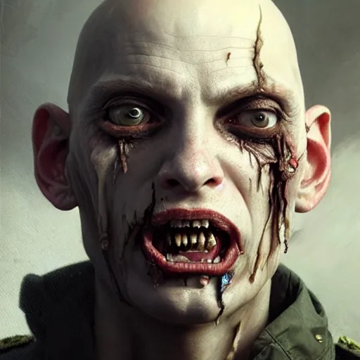 Image similar to portrait painting of a bald vampire with rotting skin and a popped eye wearing battered vietnam fatigues, ultra realistic, concept art, intricate details, eerie, highly detailed, photorealistic, octane render, 8 k, unreal engine. art by artgerm and greg rutkowski and charlie bowater and magali villeneuve and alphonse mucha