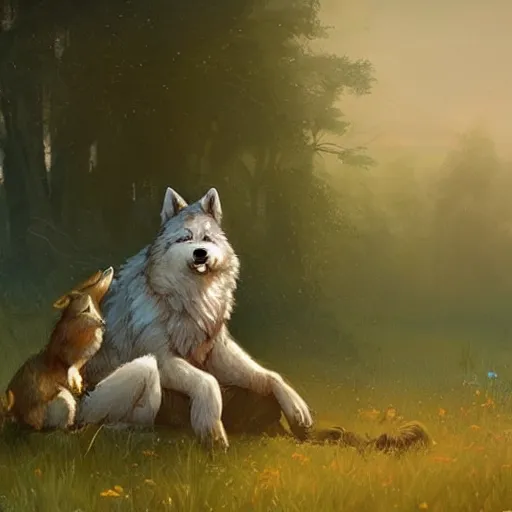 Image similar to A beautiful painting of an anthropomorphic wolf and rabbit sitting in a field and hugging, artstation trending, greg rutkowski