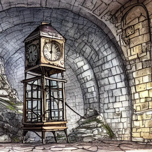 Prompt: an abandoned old rusty clocktower in a dark enormous cave, Low level, digital artdynamic lighting, cinematic, establishing shot, extremely high detail, photo realistic, cinematic lighting, watercolor, intricate line drawings, 8k resolution,