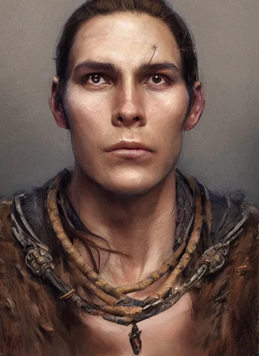 Image similar to a young shaman in his twenties with medium light brown hair tied back, a large forehead, a widows peak and a round face with high cheekbones as a realistic d & d fantasy character, portrait art by donato giancola and greg rutkowski, vintage retro, realistic face, digital art, trending on artstation