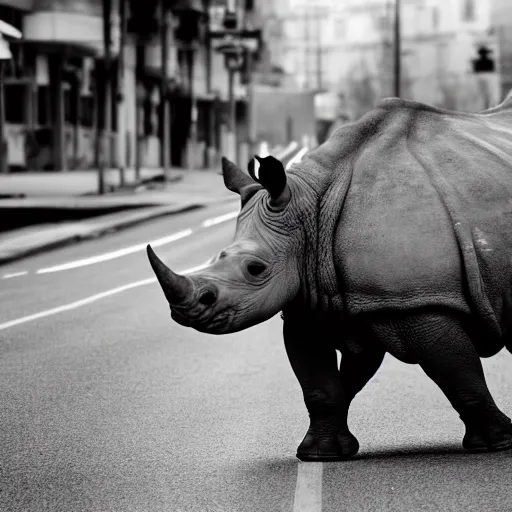 Prompt: photograph of a rhinoceros running down a street