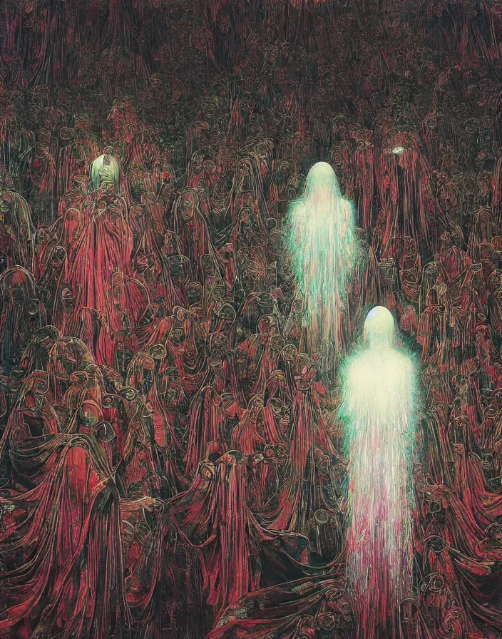 Image similar to worshippers in robes gather around the big glowing crystal, big glowing crystal radiating white light, interior, high detailed beksinski painting, part by adrian ghenie and gerhard richter. art by takato yamamoto. masterpiece, deep colours