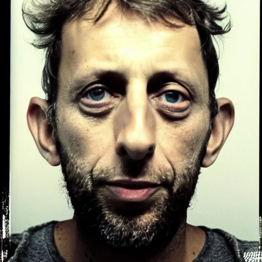 Image similar to Mugshot Portrait of Michael Rosen, taken in the 1970s, photo taken on a 1970s polaroid camera, grainy, real life, hyperrealistic, ultra realistic, realistic, highly detailed, epic, HD quality, 8k resolution, body and headshot, film still, front facing, front view, headshot and bodyshot, detailed face, very detailed face