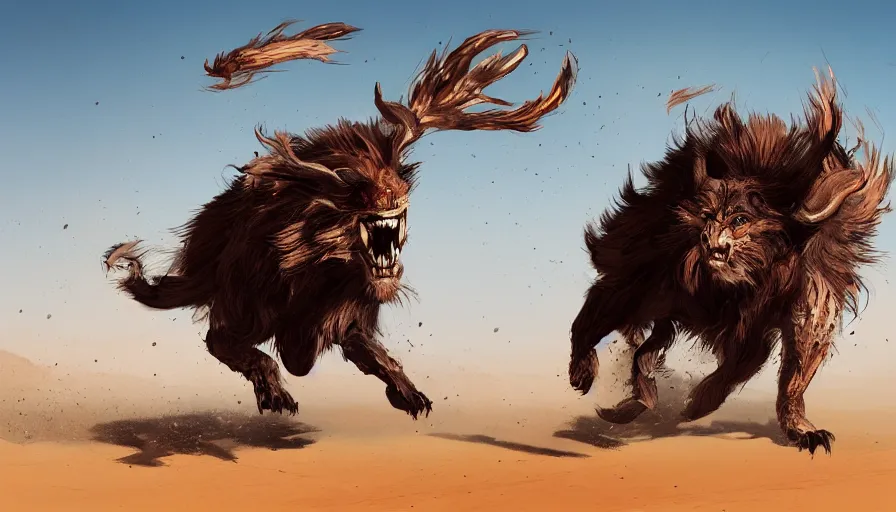 Prompt: concept art of beast running across the open desert by jama jurabaev, trending on artstation, high quality, brush stroke