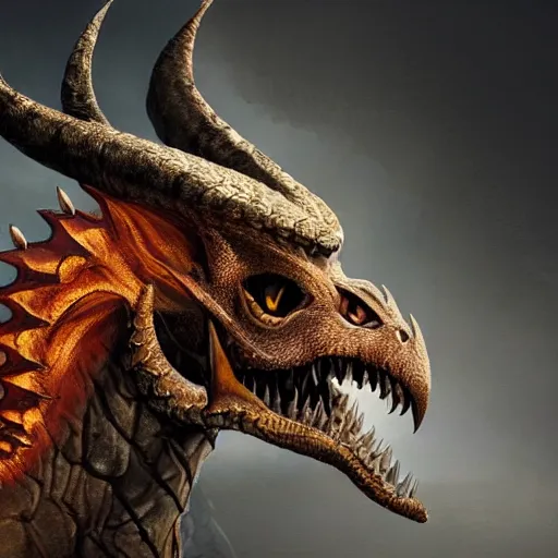 Image similar to a matte painting of a dragon, Piercing amber eyes sit low within the creature's narrow, horned skull, which gives the creature a vicious looking appearance. One enormous central horn sit atop its head, just above its enormous, curved ears. Small fan-like skin and bone structures runs down the sides of each of its jaw lines. Its nose is pointy and has two short, curved nostrils and there are small crystal growths on its chin. Several rows of large teeth poke out from the side of its mouth and give a preview of the terror hiding inside.