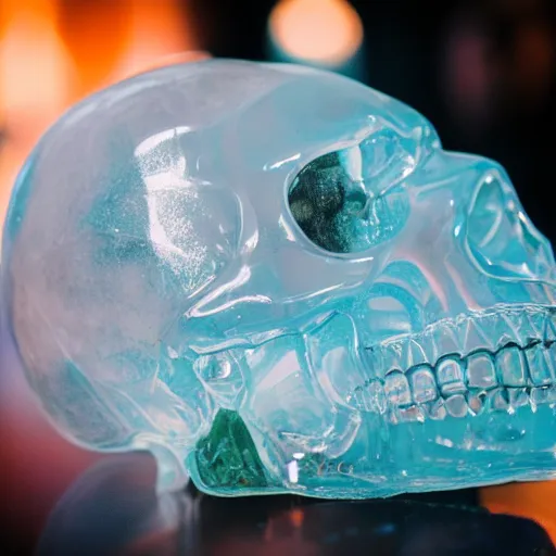 Prompt: high quality photo of crystal skull, photography 4k, f1.8 anamorphic, bokeh, 4k, Canon, Nikon