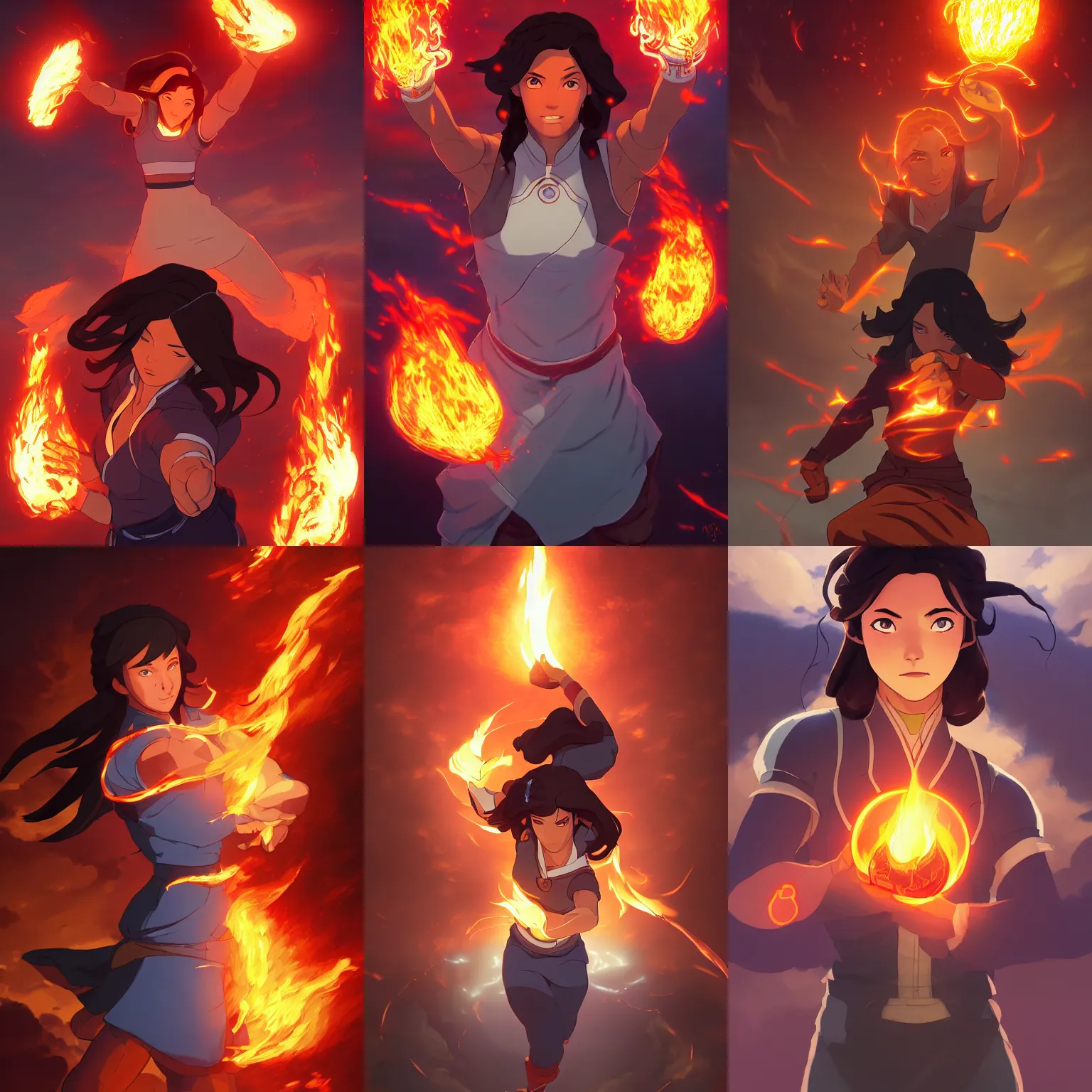 Prompt: a portrait of Korra firebending, fireball lighting her face from below, embers, legend of Korra setting, vivid colors, warm lighting, atmospheric, cinematic, moody, in the style of Ilya Kuvshinov and Range Murata, Krenz Cushart, rule of thirds, oil on canvas, 8k