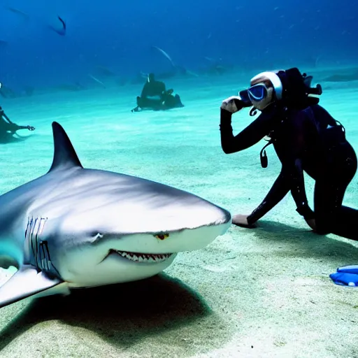 Prompt: Shark on land in a scuba suit