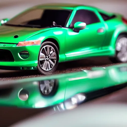 Image similar to a woman driving a Jada toys mitsubishi eclipse green diecast car, high resolution macro photo, viewed through the cars window