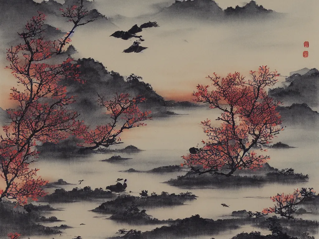Image similar to rosy clouds fly with lone mallards side by side, autumn waters blend into the hues of th'vast sky, sunset, cinematic landscape ， on a snowy day, natural light, ink painting, traditional chinese painting, by xu beihong