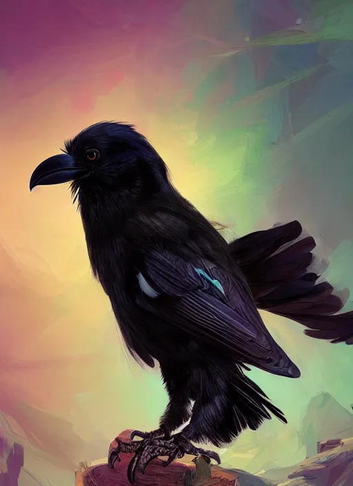 Image similar to beautiful black raven bird with long turqoise feather highlights, cute, intricate, highly detailed, digital painting, trending on artstation, concept art, smooth, sharp focus, backlit, rim light, vivid colors, illustration, unreal engine 5, 8 k, art by rossdraws and alphonse mucha