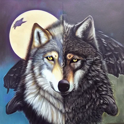 Image similar to the wolf and the raven, oil on canvas