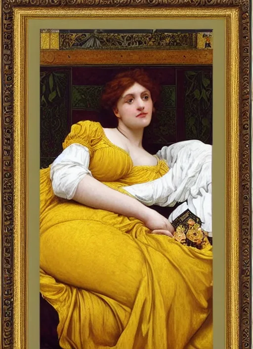 Image similar to portrait of lady reclining on bed wearing yellow ochre ornate medieval dress, foreshortening, framed, preraphaelite colour photography by frederic leighton, william morris, 8 k