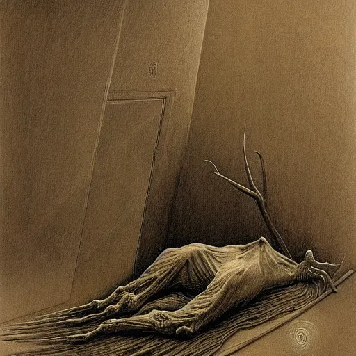 Prompt: grunge drawing of a monster hiding under the bed by - Zdzisław Beksiński, detailed, elegant, intricate, horror themed