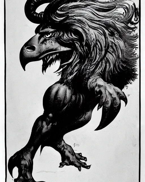 Image similar to a creature with the body and eyes of a man, with the beak of an eagle, the mane of a lion, and the horns of an ox. drawn by frank frazetta