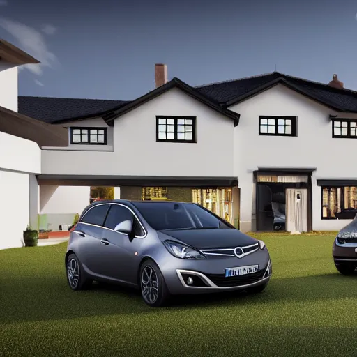 Prompt: a dark grey 2012 opel astra sports tourer and a black 2015 Citroen c1 in front of a modern luxury house, octane render, 8k