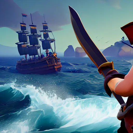 Image similar to a pirate sharpening his sword in sea of thieves, 8 k