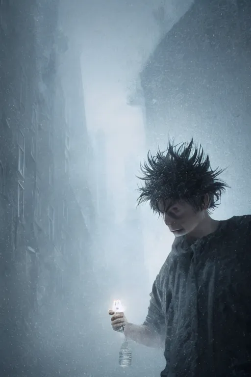 Prompt: a realistic photo of sandman, dream of the endless, by neil gaiman, pale face, spiky hair, swirling mist, intricate details and textures, mystical feeling, a dark and misty alley lit by gas lanterns, hyper realistic octane render, volumetric shading, depth of field, raytracing, 8 k,