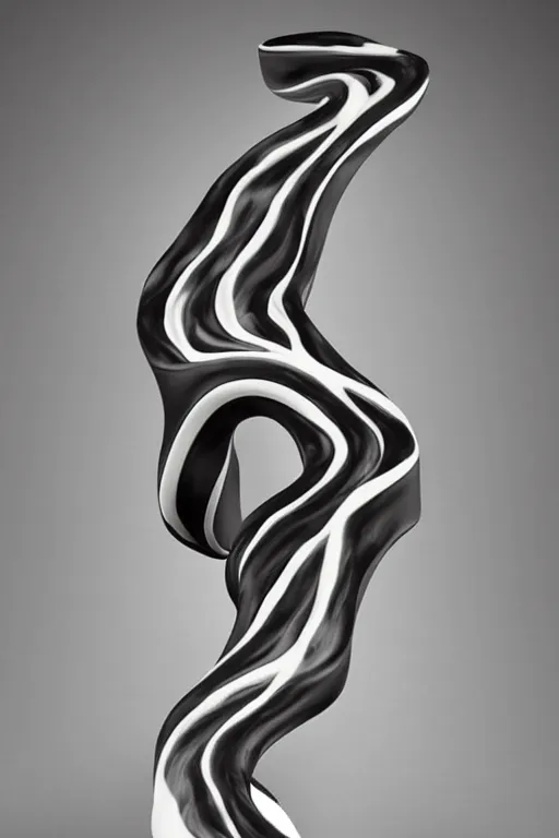 Prompt: a beautiful crafted and rendered black abstract, porcelain sculpture, with many details, that is turning itself inside, rotated and twisted, hyperrealistic and high details and minimalistic ornaments