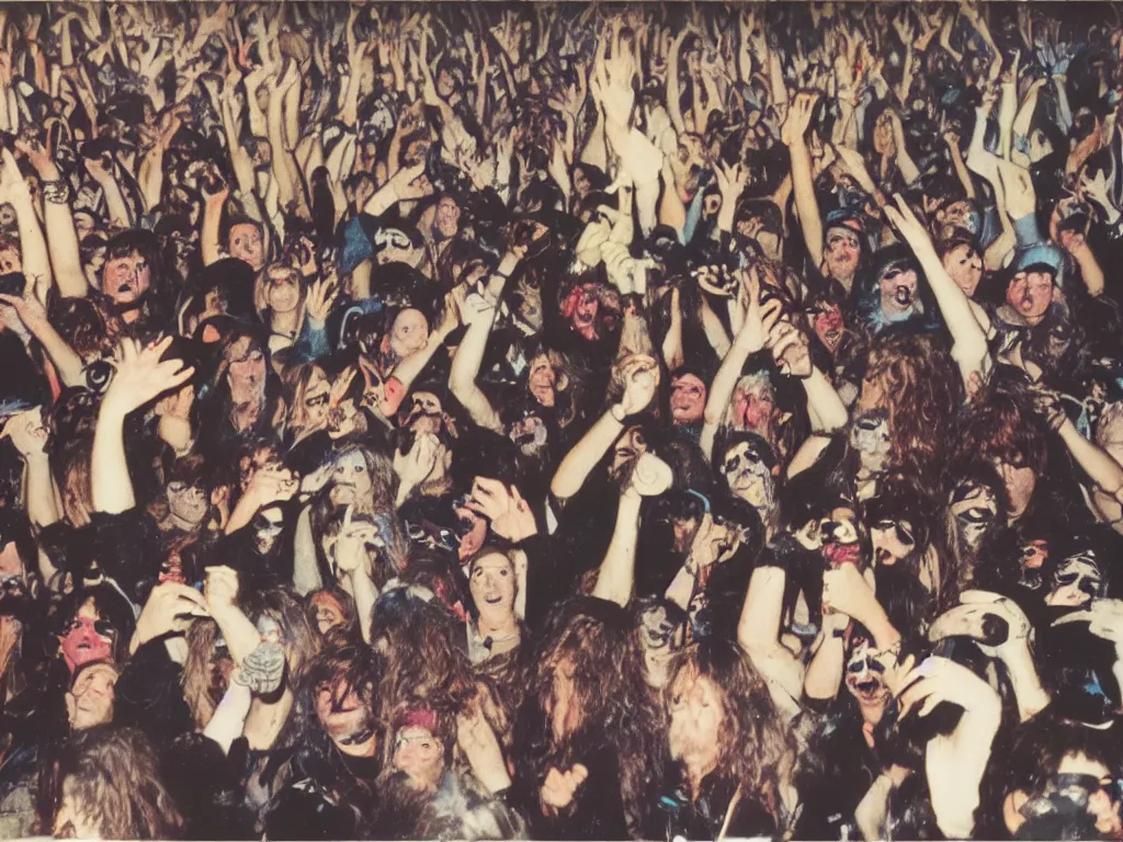 Image similar to 80s polaroid colour flash photograph of pigeons attending an Iron Maiden concert