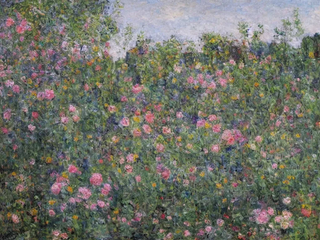 Image similar to Bumblebees on Flowers, Claude Monet (French, Paris 1840-1926 Giverny), Oil on canvas, detailed brushstrokes