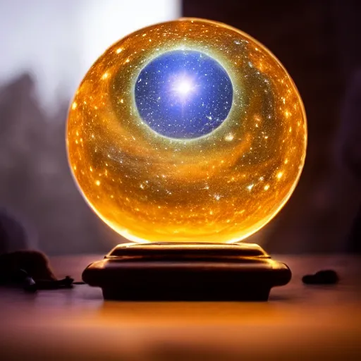 Image similar to a whole galaxy inside a crystal ball standing on a mahogany stand on a table in a tent with a beautiful fortune teller woman. Highly detailed, cinematic quality, 8k