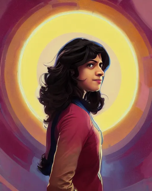 Image similar to A Full View of Kamala Khan played by Iman Vellani, filled with wonder. MCU. John hughes film. masterpiece 4k digital illustration by Ruan Jia and Mandy Jurgens and Artgerm and greg rutkowski and Alexander Tsaruk and WLOP and william-adolphe bouguereau, award winning, Artstation, art nouveau aesthetic, Alphonse Mucha background, intricate details, realistic, panoramic view, Hyperdetailed, 8k resolution, intricate art nouveau