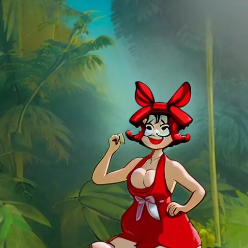 Prompt: a tex avery of reimu in the jungle wearing bonnet