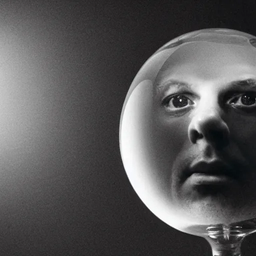 Prompt: a man with a glass head, crystal ball