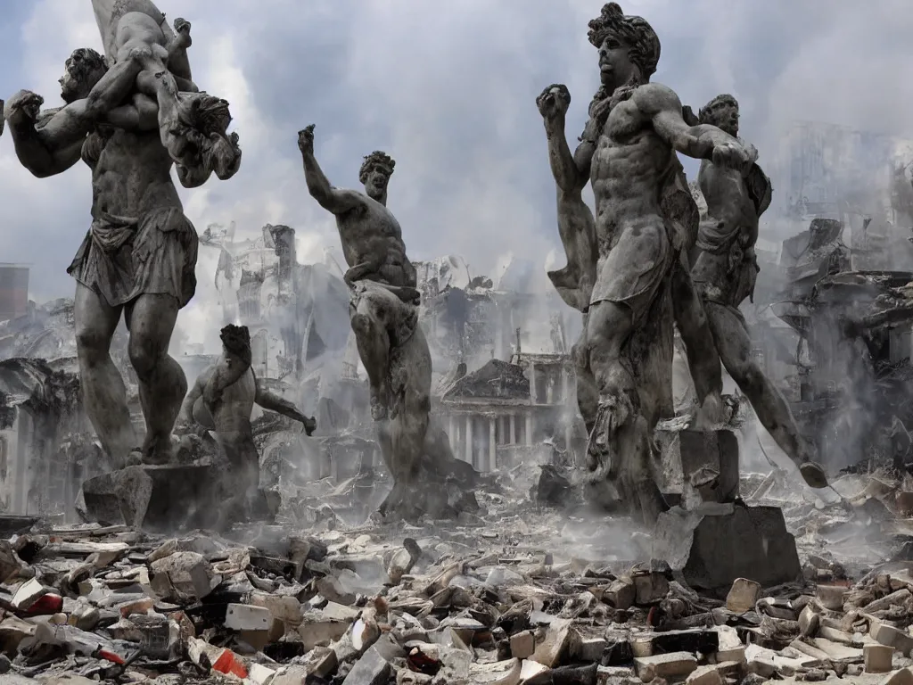 Image similar to giant greek statues attacking a city, ciry destruction ruins, debris flying around, swirls of fire