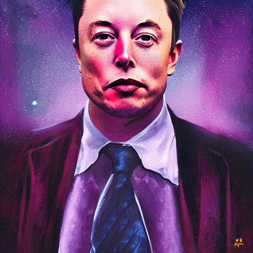 Image similar to a portrait of a elon musk in a scenic environment by abercrombie, gertrude. cgsociety, surrealism, surrealist, dystopian art, purple color scheme