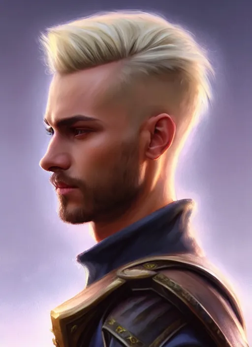 Image similar to a _ fantasy _ style _ portrait _ painting _ of male, medium dark blonde hair side part and blonde stubble, rpg dnd oil _ painting _ unreal _ 5 _ daz. _ rpg _ portrait _ extremely _ detailed _ artgerm _ greg _ rutkowski _ greg