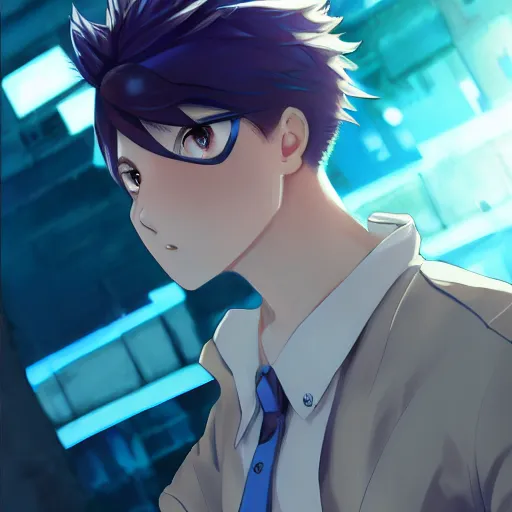 Image similar to very cool anime boy, short silver hair, azure blue watery eyes, full round face, seductive glances, wearing River City Ransom suit, lens flare, cinematic lighting, medium shot, mid-shot, highly realistically detailed, trending on pixiv, Unreal Engine 4k, Stanley Artgerm Lau, WLOP, Rossdraws, James Jean, Marc Simonetti