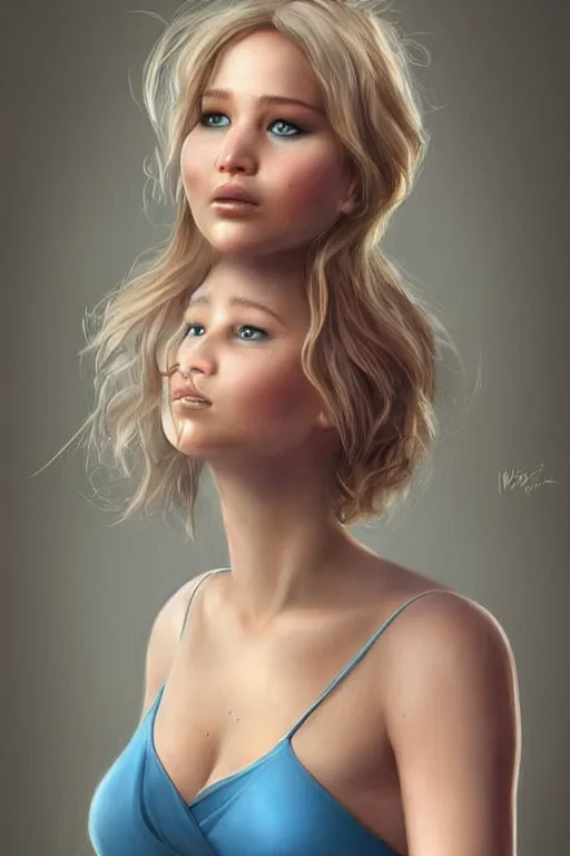 Image similar to a portrait of jennifer lawrence as a pixar character, beautiful, elegant, extremely detailed digital art, full body photo, trending on artstation hyper realistic matte painting, by wlop, artgerm