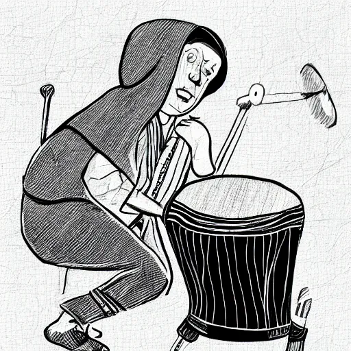 Image similar to a babushka playing drums, some people in the background are doing yoga to the beats, digital art