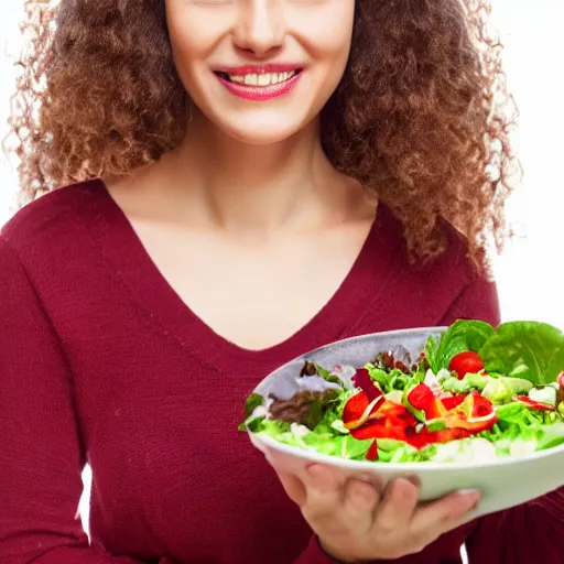 Image similar to happy woman eating salad, stock photograph, studio lighting, 4k, beautiful symmetric face, beautiful gazing eyes