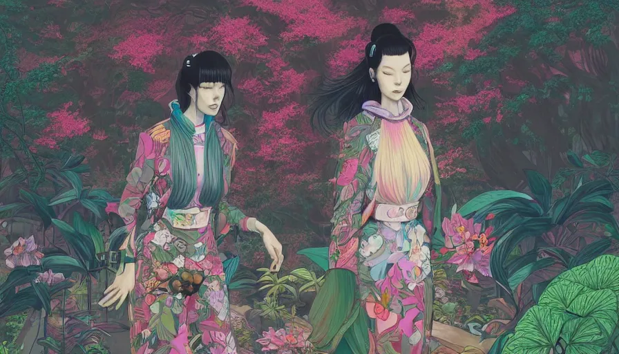 Image similar to a digital painting of a woman in the distance wearing gucci exploring a magical japanese temple, lush plants and flowers, eco - cyberpunk art by james jean, cgsociety, retrofuturism, anime aesthetic, chromatic, iridescent, uhd