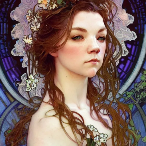 Prompt: realistic detailed face portrait of young Natalie Dormer Bride by Alphonse Mucha, Ayami Kojima, Amano, Charlie Bowater, Karol Bak, Greg Hildebrandt, Jean Delville, and Mark Brooks, Art Nouveau, Neo-Gothic, gothic, rich deep moody colors