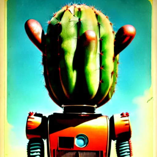 Prompt: extreme wide shot of 1950s retro cactus robot, with space above the head. Bionic Arms and eyes. pop surrealism, muted colours. by Jean-Baptiste Monge, wide shot