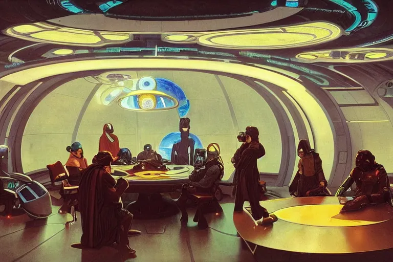 Prompt: ground view of a science fiction circular meeting room with bright holodesk in the center showing levitating planets of a solar system, dark people discussing, contrasted light, clair obscur, star wars vibe, star treck vibe, by greg rutkowski, by alphonse mucha, by moebius!!!, vivid colors